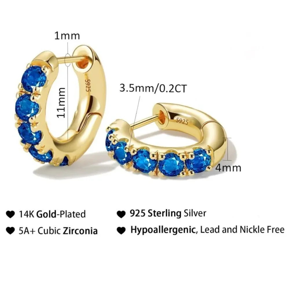 14K Yellow Gold 925 Sterling Silver Blue Sapphire Cubic Zirconia Huggie Earrings